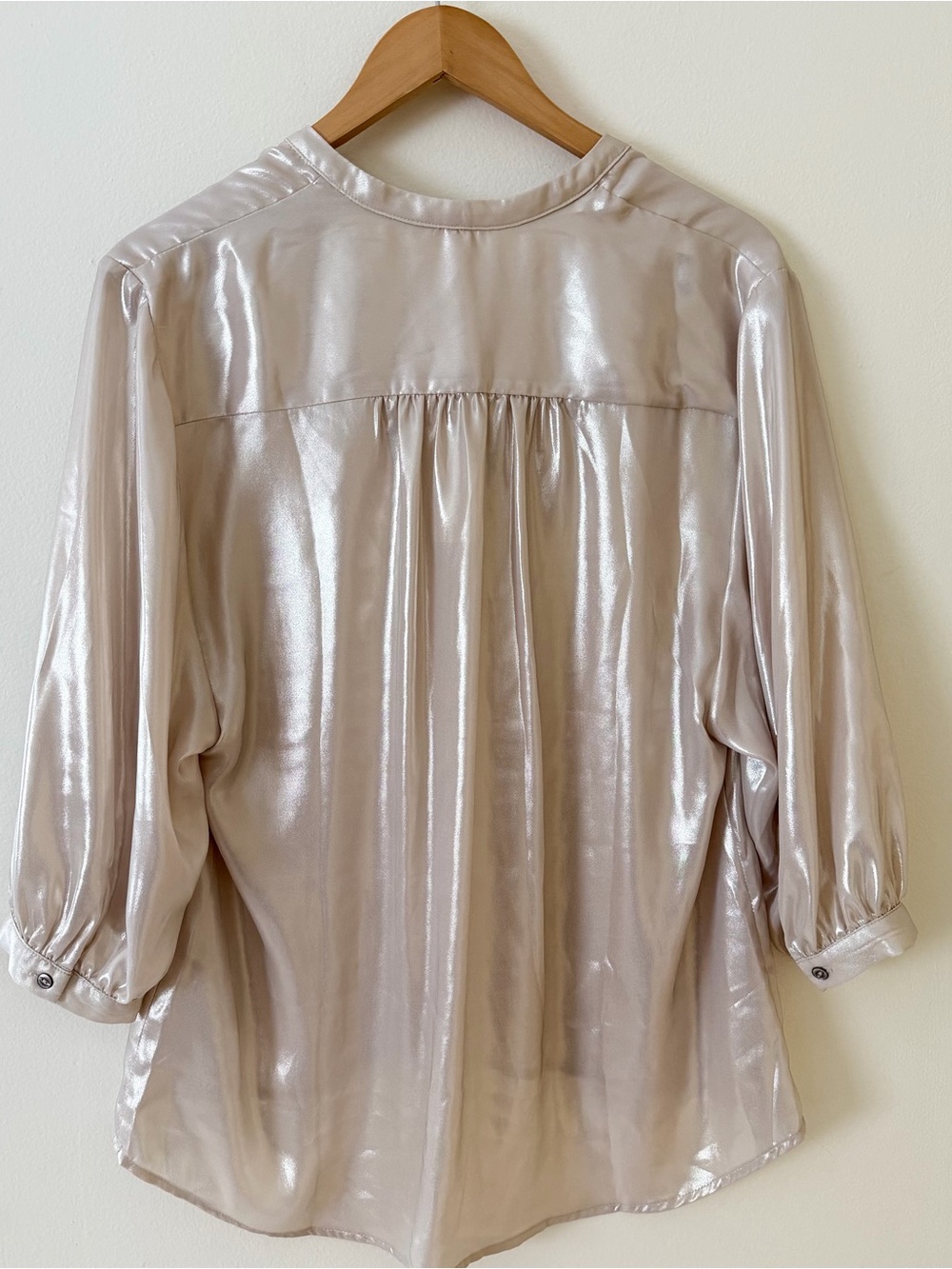 Anthropologie Shimmery Pearl Beige Metallic V-Neck Blouse - Picture 6 of 7